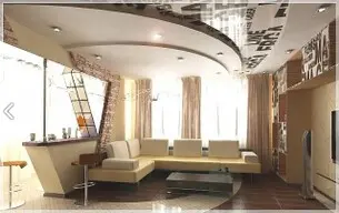 Дизайн натяжных потолков в гостиной